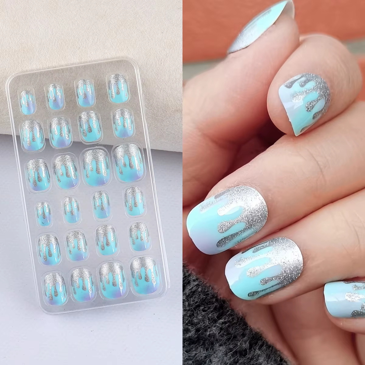 24 pièces violet paillettes enfants presse sur ongles pré-colle