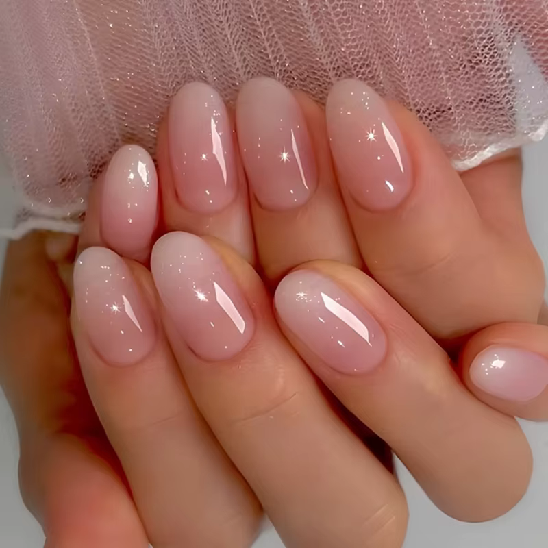 24 pièces ovale court rose presse sur ongles Simple Ombre printemps faux