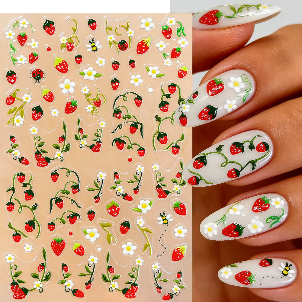 1 autocollant pour ongles 5D motif fraise rouge mignonne