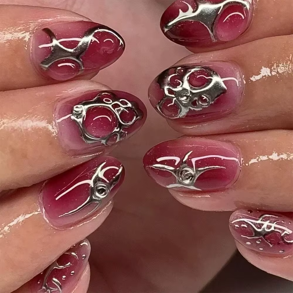 24 faux ongles à presser roses brillants en forme d'amande courte