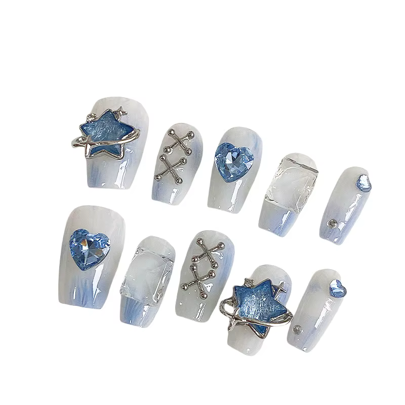 10 pièces Dreamy Blue Light Press - sur les ongles avec étoile