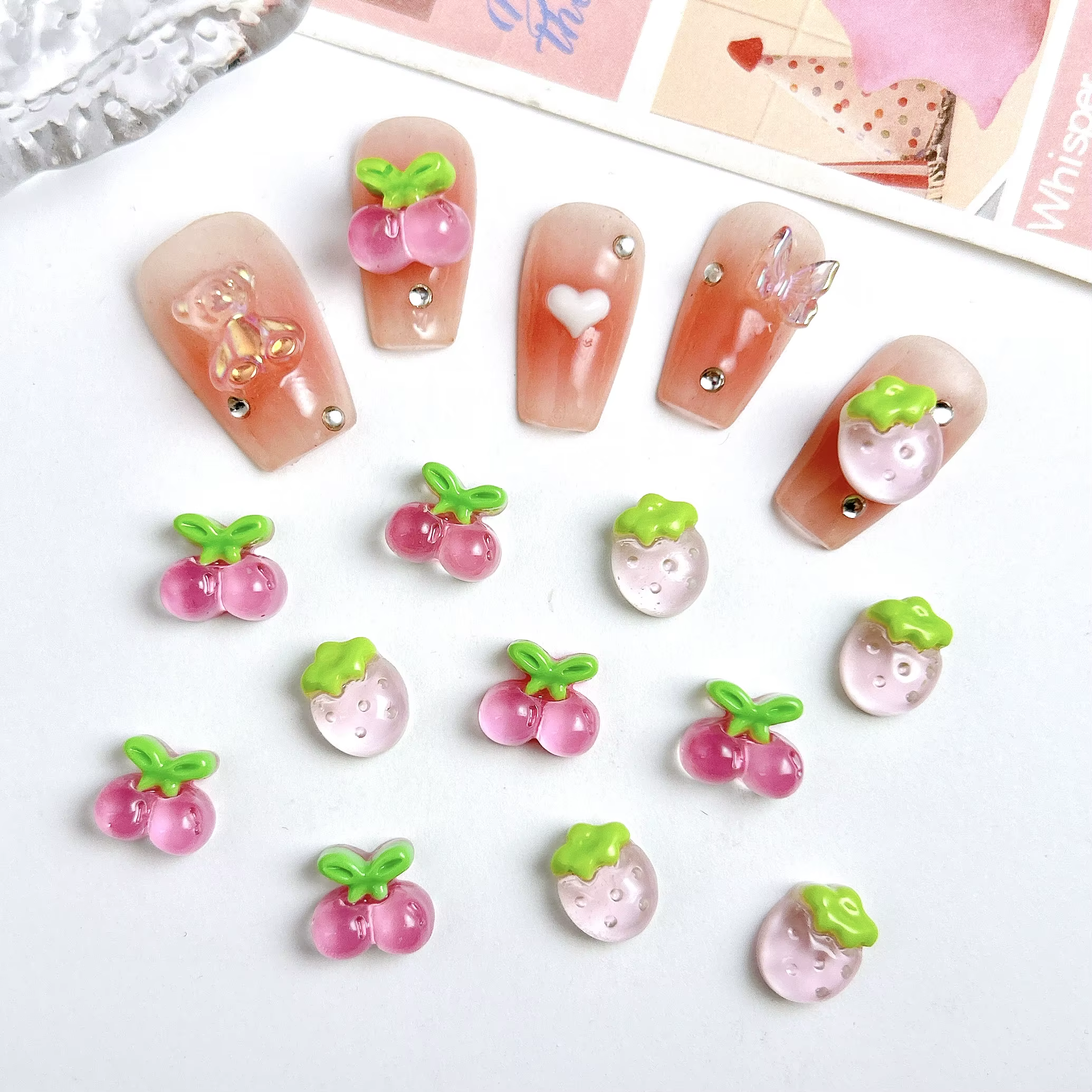 30 pièces simulé mignon gelée cerise résine Nail Art breloques 3D doux rose fraise décorations d'ongles pour bricolage