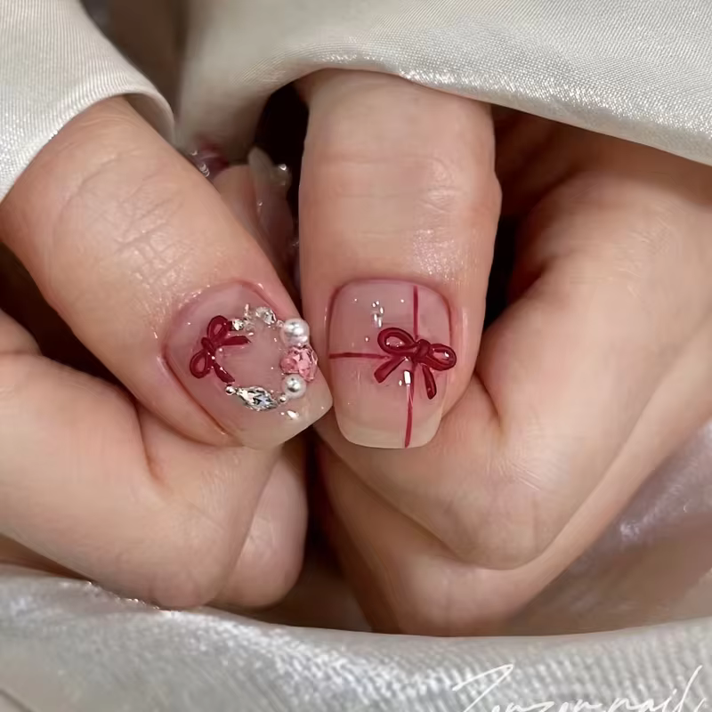 Décorations pour ongles en forme de nœud bordeaux à 12/16 compartiments