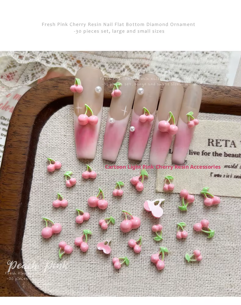 YYM 30pcs Breloques pour ongles cerises roses mignonnes