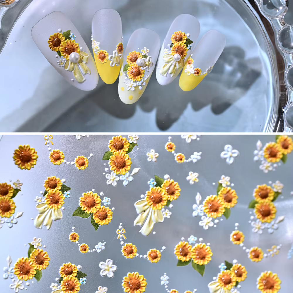 1 feuille d'autocollants 5D gaufrés tournesol pour ongles