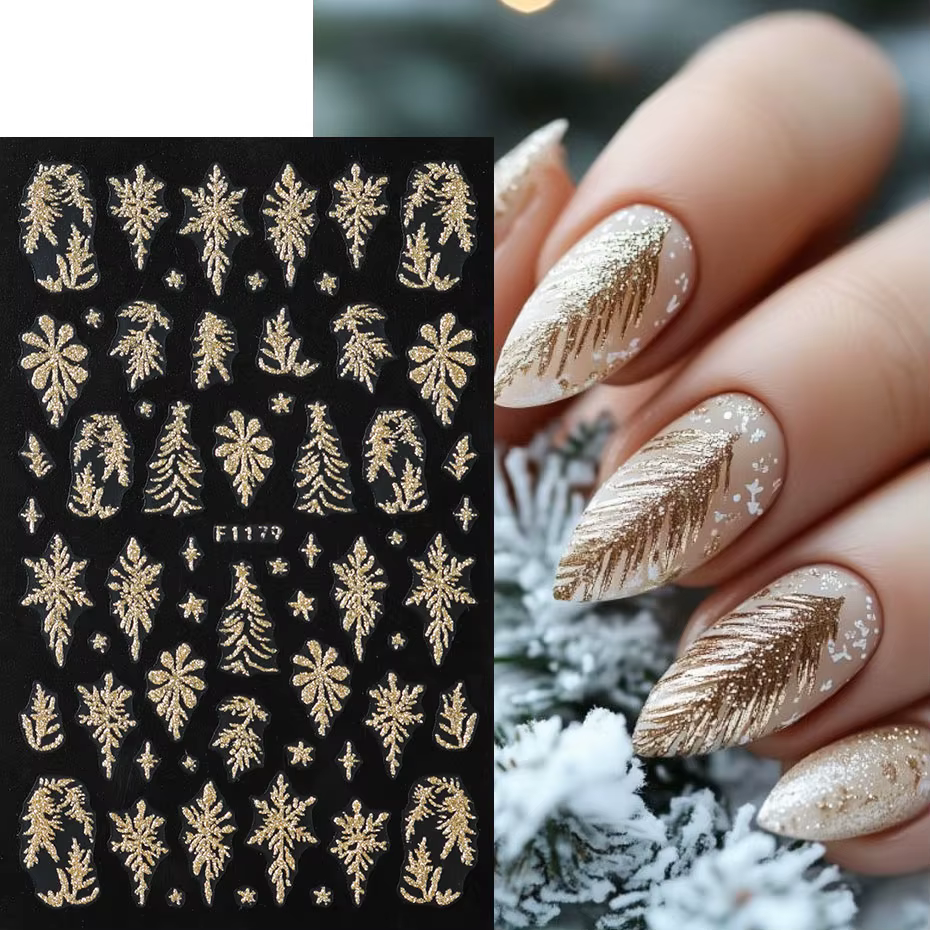 Autocollants pour ongles en forme de feuilles dorées scintillantes