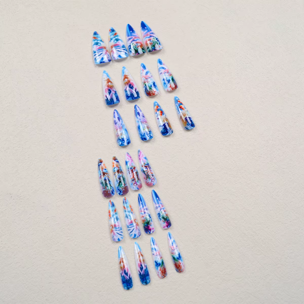 24 pièces été frais faux ongles conseils longue amande mignon monde sous-marin imprimé presse