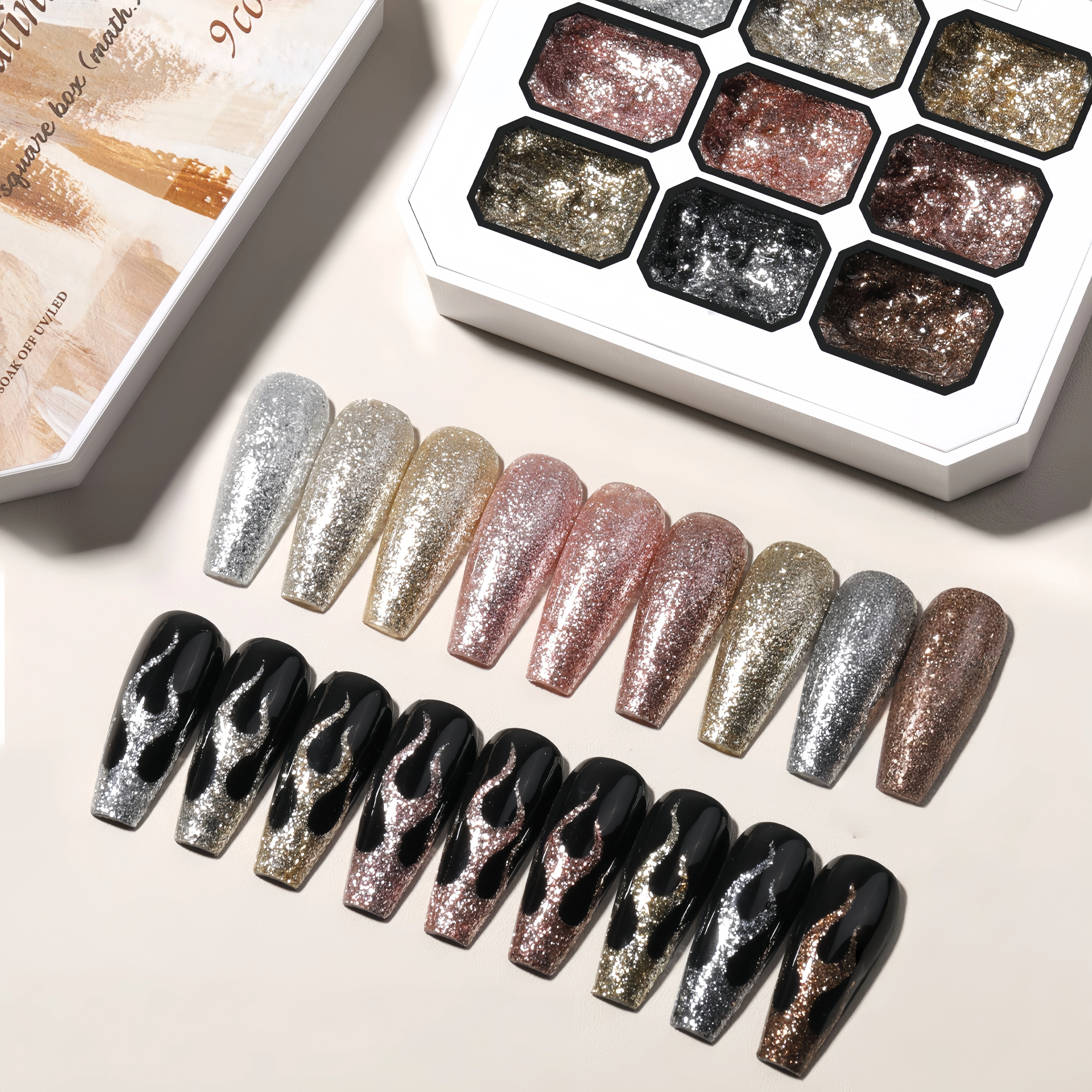 Vernis à ongles solide platine haute densité 9 couleurs métalliques - Gel scintillant pour les contours