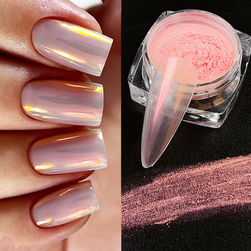 Aurora perle nue rose blanc ongles paillettes poussière Chrome clair de lune