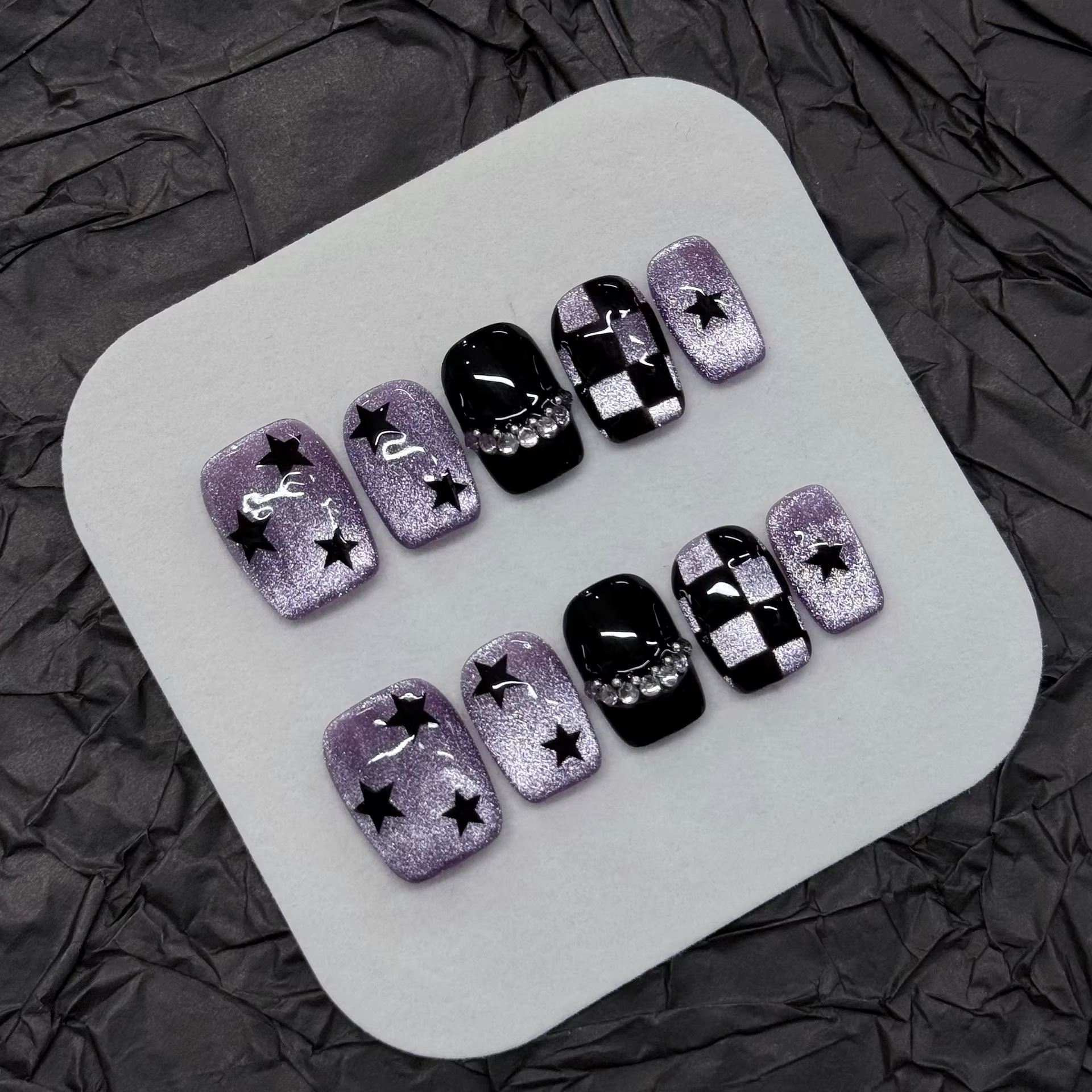 10 pièces noir mignon chat à la main presse sur ongles cristal oeil